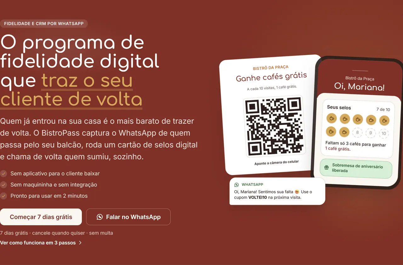 Cartão de selos com QR Code e tela do BistroPass no celular