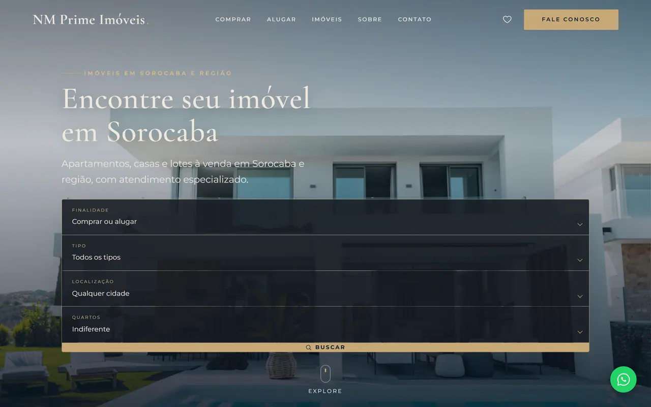 Site da NM Prime Imóveis, imobiliária de Sorocaba, com busca de imóveis na primeira tela
