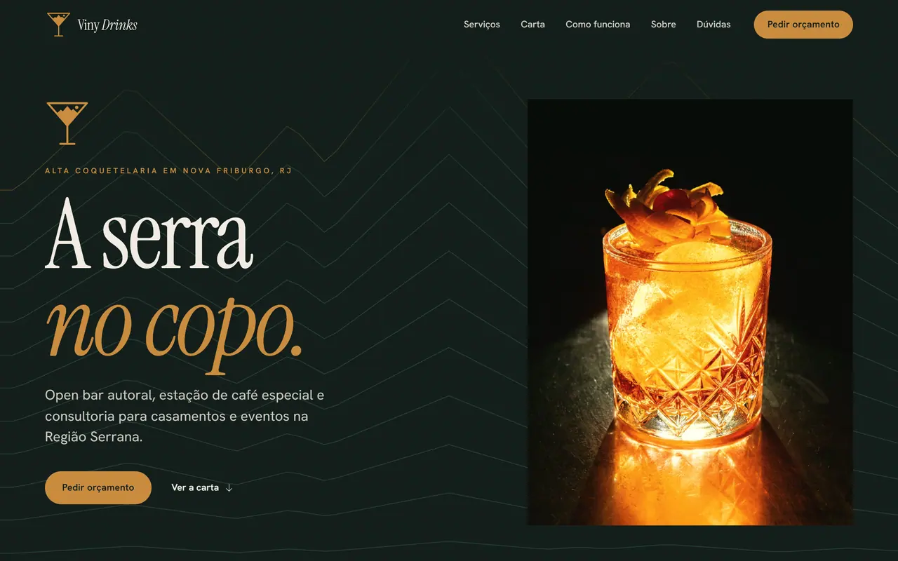 Página inicial do site Viny Drinks, feito pela Sena Wave